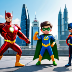 Mini Force Cartoon Still**

"A vibrant, family-friendly still from the Mini Force cartoon, showcasing Volt, Sammy, Lucy, and Max in action poses, fully clothed in their superhero outfits. Background features a futuristic Malaysian cityscape. Safe for work, appropriate content, perfect anatomy, professional illustration, high quality."

**