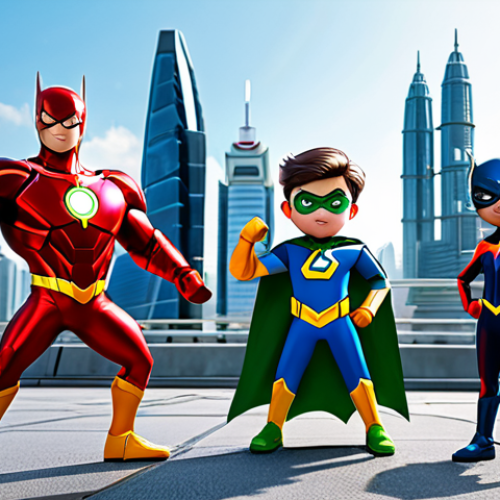 Mini Force Cartoon Still**

"A vibrant, family-friendly still from the Mini Force cartoon, showcasing Volt, Sammy, Lucy, and Max in action poses, fully clothed in their superhero outfits. Background features a futuristic Malaysian cityscape. Safe for work, appropriate content, perfect anatomy, professional illustration, high quality."

**